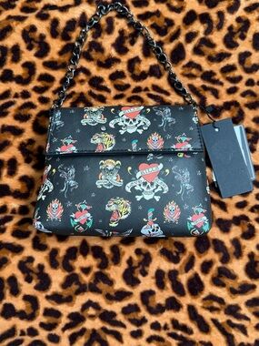 Ed hardy Black Tattoo-Print Chain Shoulder Bag